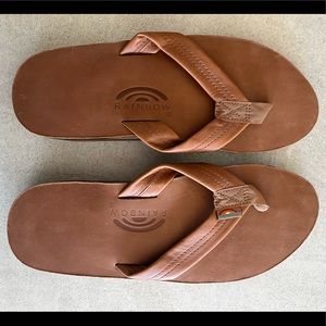 Mens Rainbow Double Layer Leather Classic Tan Brown Flip Flop Sandals
